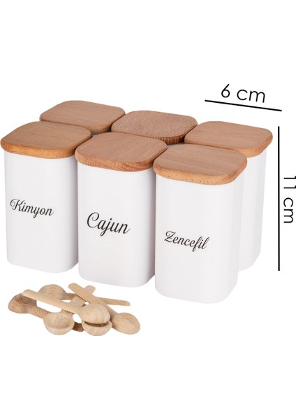 6'lı 250 ml Vakumlu Bambu Ahşap Kapaklı Porselen Görünümlü Akrilik Baharatlık Kaşık Etiket Hediyeli fiyatları