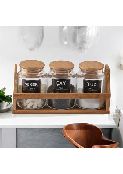 3'lü 800 ml Çay Kahve Şeker Kavanozu Bambu Kapaklı, Yeni Standlı ve Etiketli