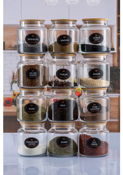 12’li Bambu Kapaklı, Etiket Hediyeli Baharatlık Takımı Baharat Seti 500ML