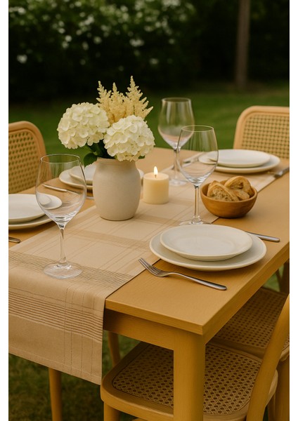 Jasmin Keten Kahvrengi Bohem Şık Masa Örtüsü Runner 35X150 cm