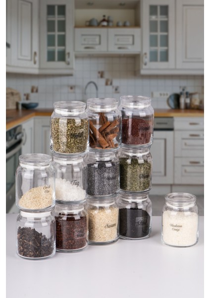 12'li Akrilik Vakumlu Kapaklı Cam Baharatlık 300 ml 24 Adet Etiket Hediyeli