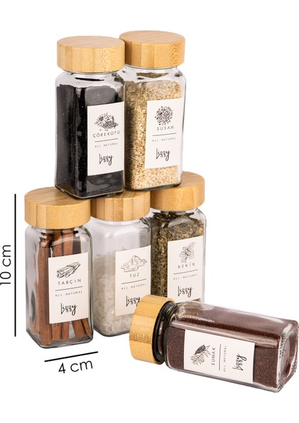 Bambu Kapaklı Kare Cam Baharatlık Seti 6 Adet - Etiket Hediyeli fiyatları