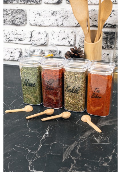 4'lü 300 ml Vakumlu Bambu Kaşıklı Şeffaf Etiketli Mika Baharatlık Seti Saklama Kabı