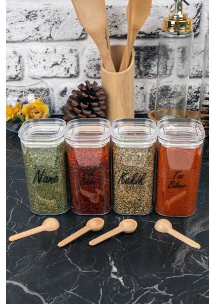 4'lü 300 ml Vakumlu Bambu Kaşıklı Şeffaf Etiketli Mika Baharatlık Seti Saklama Kabı fiyatları