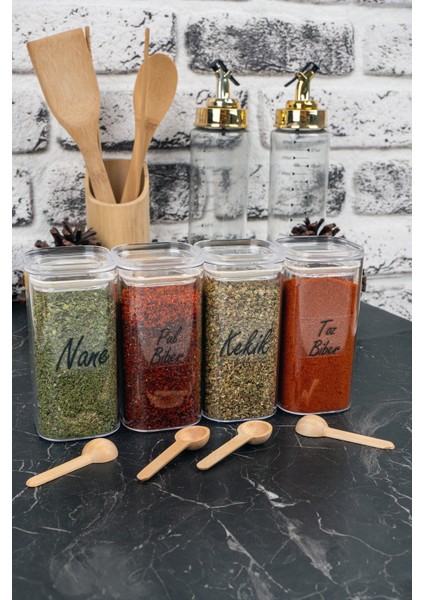 4'lü 300 ml Vakumlu Bambu Kaşıklı Şeffaf Etiketli Mika Baharatlık Seti Saklama Kabı modelleri