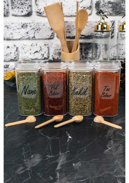4'lü 300 ml Vakumlu Bambu Kaşıklı Şeffaf Etiketli Mika Baharatlık Seti Saklama Kabı fırsatları