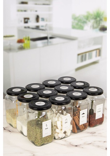 12'li Dekoratif Mutfak Düzenleyici Cam Baharatlık Etiketli 850 cc Siyah Metal Kapak