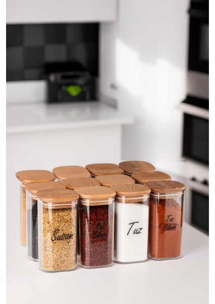 12'li 300 ml Ahşap Kapaklı Vakumlu Şeffaf Etiketli Mika Baharatlık Seti