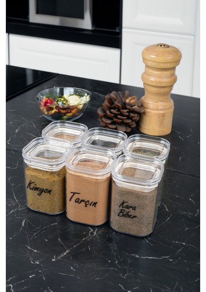 6'lı 200 ml Vakumlu Sızdırmaz Şeffaf Etiketli Akrilik Baharatlık Seti Saklama Kabı Kavanoz