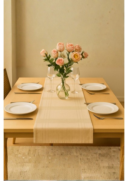 Jasmin Keten Krem Bohem Şık Masa Örtüsü Runner 35X150 cm