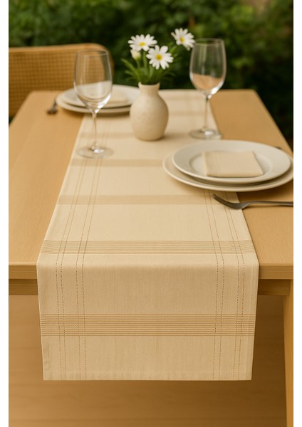 Jasmin Keten Krem Bohem Şık Masa Örtüsü Runner 35X150 cm