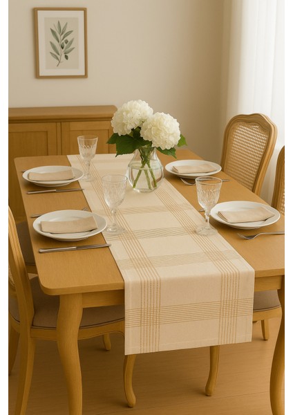 Jasmin Keten Krem Bohem Şık Masa Örtüsü Runner 35X150 cm