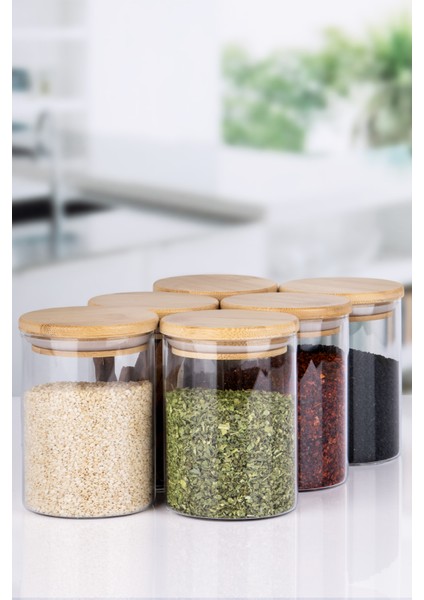 6 Parça Şeffaf Etiketli Vakumlu Bambu Kapaklı Borosilikat Cam Baharatlık 350 ml