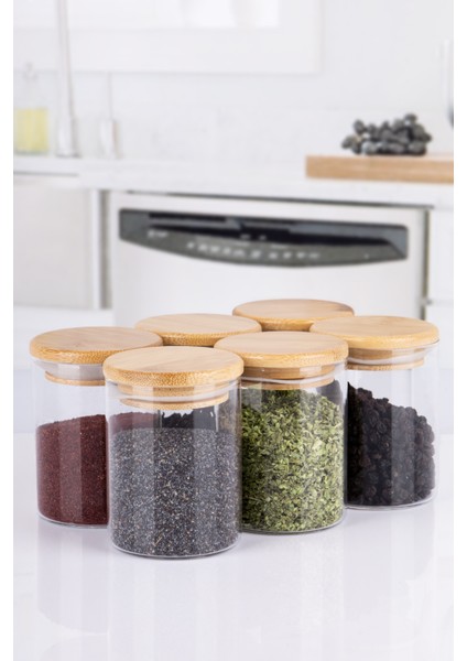 6 Parça Şeffaf Etiketli Vakumlu Bambu Kapaklı Borosilikat Cam Baharatlık 350 ml modelleri