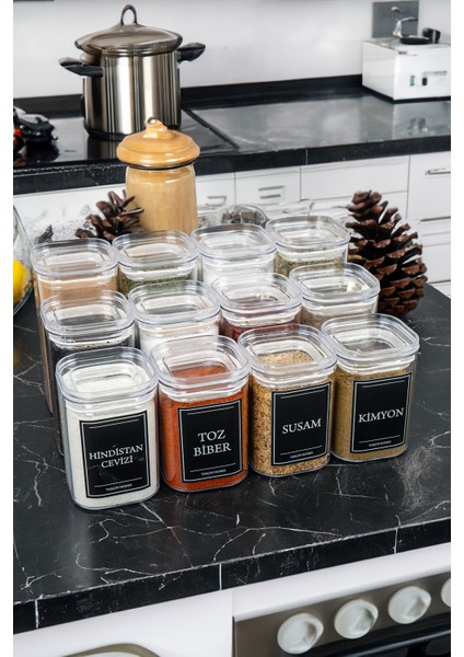 12'li 200 & 250 & 300 ml Vakumlu Her Boy Etiketli Mika Baharatlık Seti Saklama Kabı Kavanoz