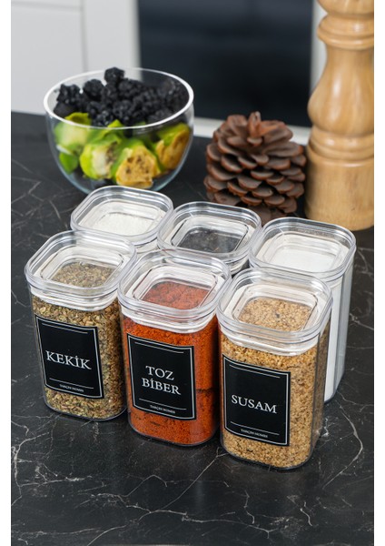 6'lı 250 ml Vakumlu Sızdırmaz Etiketli Akrilik Baharatlık Seti Saklama Kabı