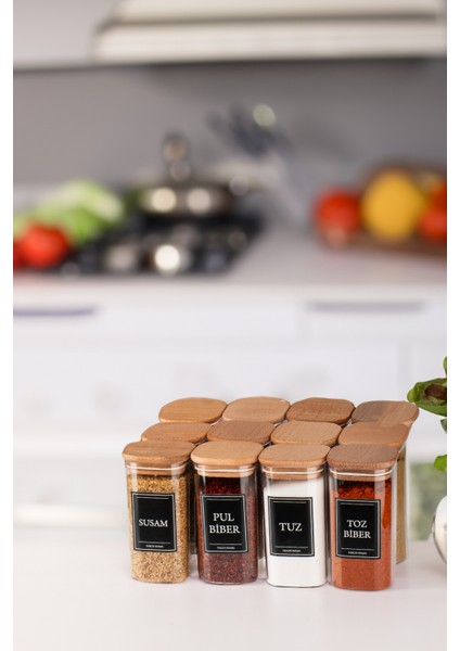 12'li 300 ml Vakumlu Sızdırmaz Etiketli Akrilik Baharatlık Seti Saklama Kabı