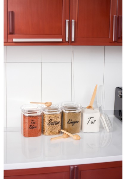 4'lü 200 ml Vakumlu Sızdırmaz Bambu Kaşıklı Şeffaf Etiketli Akrilik Baharatlık Seti Saklama Kabı