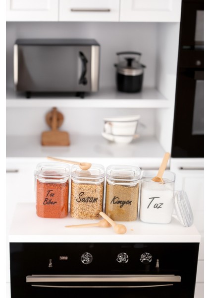 4'lü 200 ml Vakumlu Sızdırmaz Bambu Kaşıklı Şeffaf Etiketli Akrilik Baharatlık Seti Saklama Kabı fiyatları