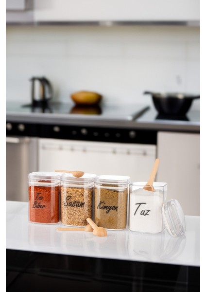 4'lü 200 ml Vakumlu Sızdırmaz Bambu Kaşıklı Şeffaf Etiketli Akrilik Baharatlık Seti Saklama Kabı modelleri