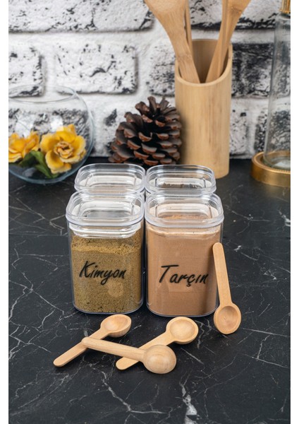 4'lü 200 ml Vakumlu Sızdırmaz Bambu Kaşıklı Şeffaf Etiketli Akrilik Baharatlık Seti Saklama Kabı fırsatları