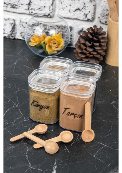 4'lü 200 ml Vakumlu Sızdırmaz Bambu Kaşıklı Şeffaf Etiketli Akrilik Baharatlık Seti Saklama Kabı indirimleri