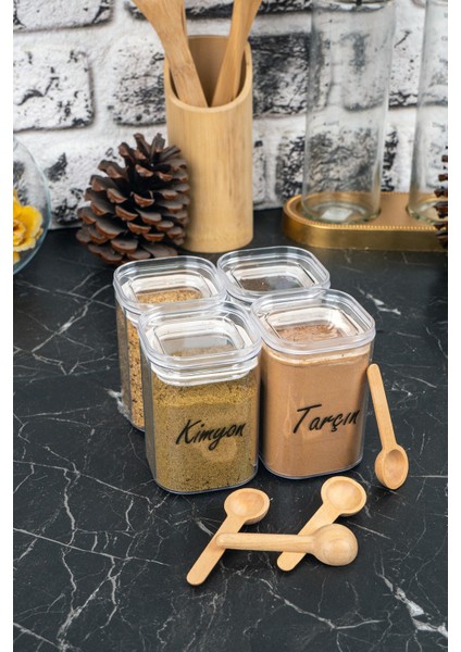 4'lü 200 ml Vakumlu Sızdırmaz Bambu Kaşıklı Şeffaf Etiketli Akrilik Baharatlık Seti Saklama Kabı