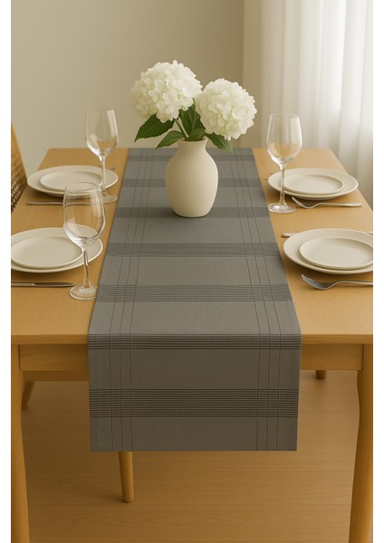 Jasmin Keten Gri Bohem Şık Masa Örtüsü Runner 35X150 cm