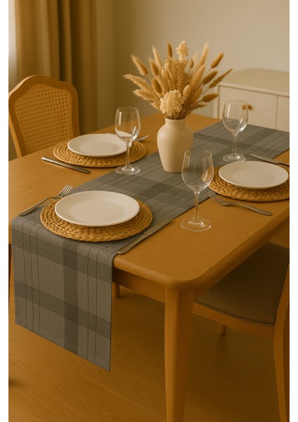 Jasmin Keten Gri Bohem Şık Masa Örtüsü Runner 35X150 cm