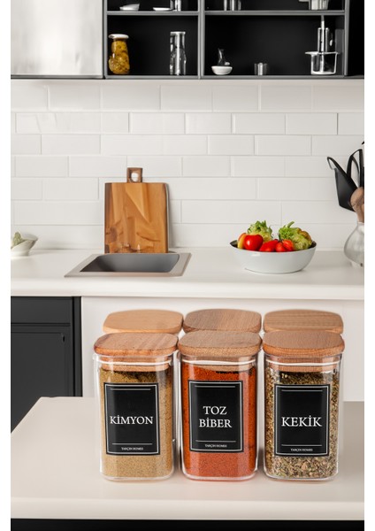 6'lı 250 ml Vakumlu Sızdırmaz Ahşap Kapaklı Etiketli Akrilik Baharatlık Seti Saklama Kabı