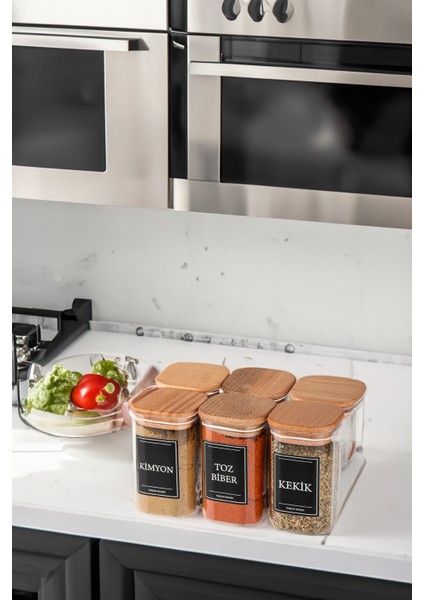 6'lı 250 ml Vakumlu Sızdırmaz Ahşap Kapaklı Etiketli Akrilik Baharatlık Seti Saklama Kabı fiyatları