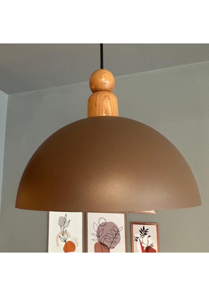 Yimpi Sütlü Kahve Kalın Ahşap Boncuk Başlık Avize Tekli Sarkıt Salon Dekoratif Aydınlatma Pastane
