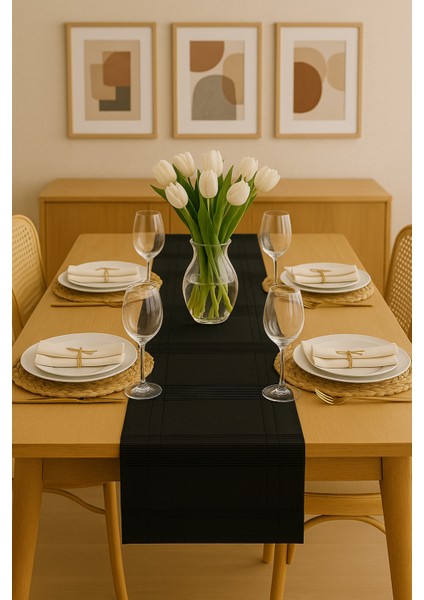 Jasmin Keten Siyah Bohem Şık Masa Örtüsü Runner 35X150 cm