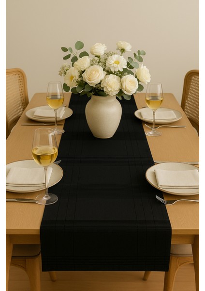 Jasmin Keten Siyah Bohem Şık Masa Örtüsü Runner 35X150 cm modelleri