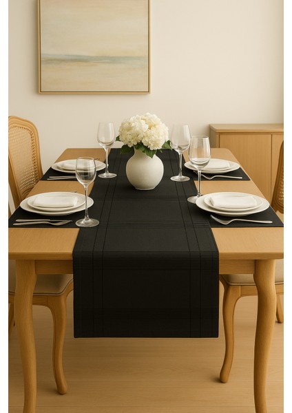 Jasmin Keten Siyah Bohem Şık Masa Örtüsü Runner 35X150 cm