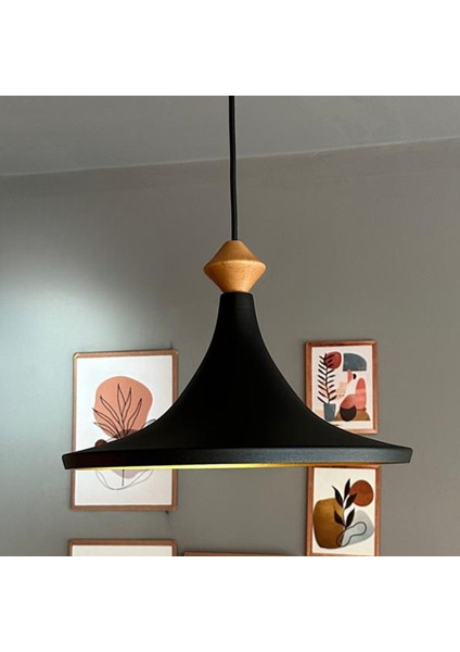 Geniş Metal Avize Ahşap Q Başlık Mutfak Salon Cafe Ofis Pastane Tekli Sarkıt Lamba Aydınlatma