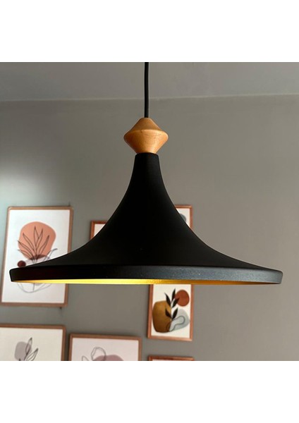 Geniş Metal Avize Ahşap Q Başlık Mutfak Salon Cafe Ofis Pastane Tekli Sarkıt Lamba Aydınlatma