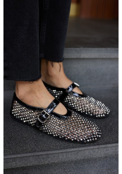 Santos Kadi̇n Si̇yah Rugan Komple Taşli̇ Ayakkabi̇