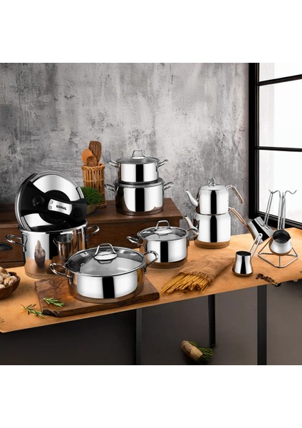 Saray 18 Parça Metal Kulplu Çelik Tencere Takımı Mk