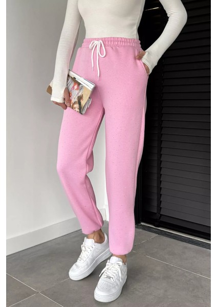 Kadın Bel ve Paça Lastikli Yüksek Bel Taş Işlemeli Şardonlu Eşofman Altı P-00018812 fiyatları