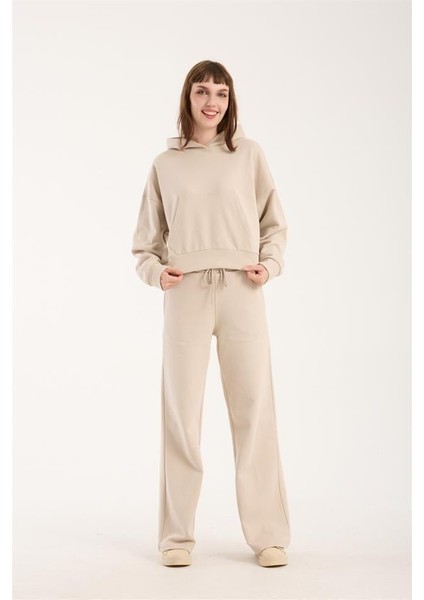 %100 Pamuk Kadın Kapüşonlu Cepli Sweatshirt + Pantolon Takımı (2 Parça) fırsatları