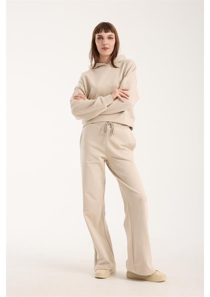 %100 Pamuk Kadın Kapüşonlu Cepli Sweatshirt + Pantolon Takımı (2 Parça)