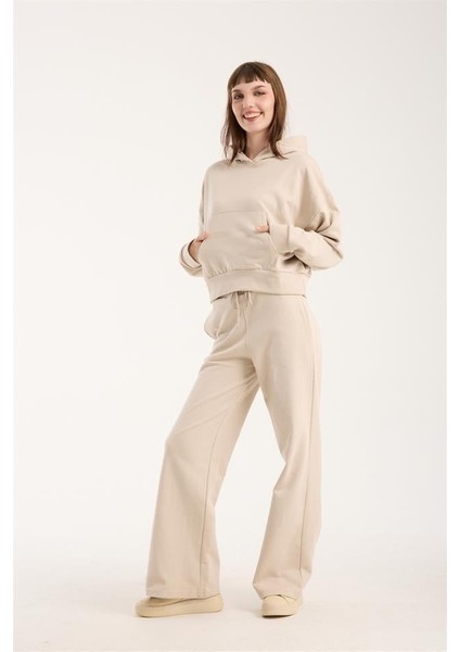 %100 Pamuk Kadın Kapüşonlu Cepli Sweatshirt + Pantolon Takımı (2 Parça)