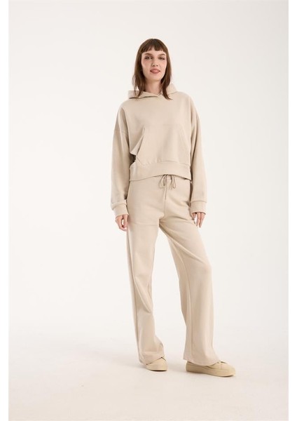 %100 Pamuk Kadın Kapüşonlu Cepli Sweatshirt + Pantolon Takımı (2 Parça)