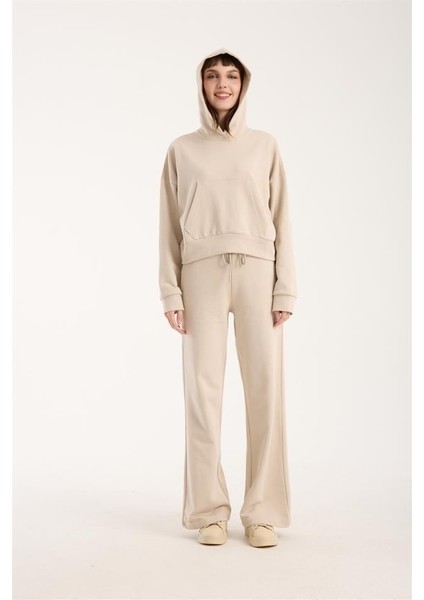 %100 Pamuk Kadın Kapüşonlu Cepli Sweatshirt + Pantolon Takımı (2 Parça)