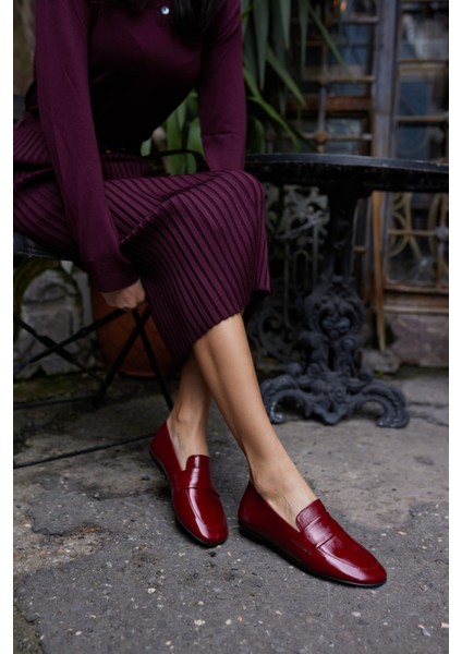 Valenta Kadın Bordo Rugan Gercek Deri Loafer Ayakkabi