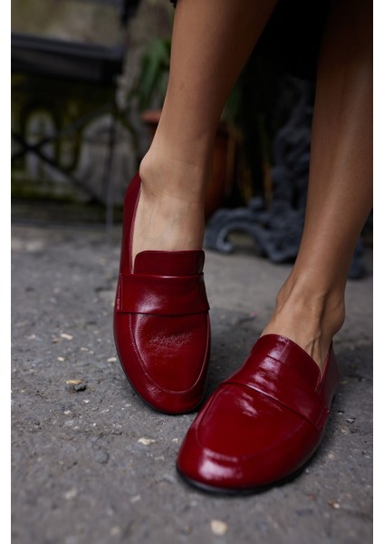 Valenta Kadın Bordo Rugan Gercek Deri Loafer Ayakkabi