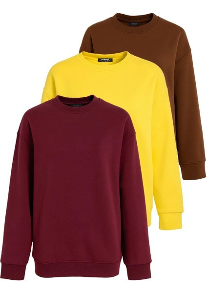 Sarı/kahverengi/bordo Bisiklet Yaka Basic 3'lü Paket Sweatshirt MG2595
