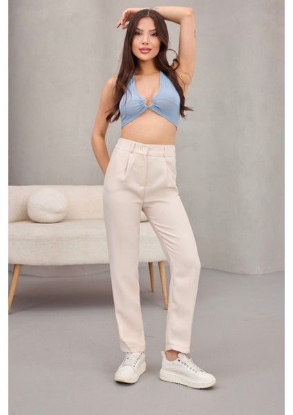 Kadın Yüksek Bel Havuç Model Beli Lastikli Dar Paça Pantolon