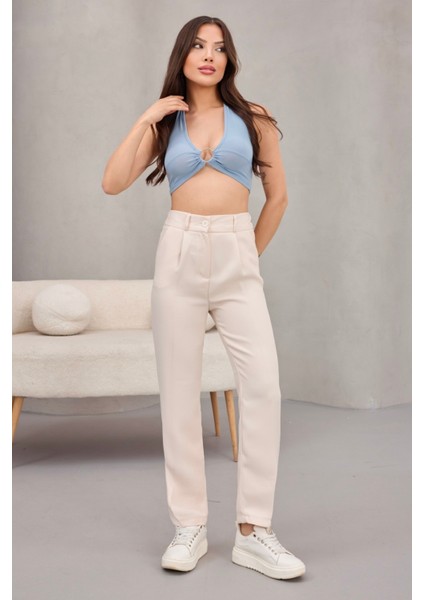 Kadın Yüksek Bel Havuç Model Beli Lastikli Dar Paça Pantolon